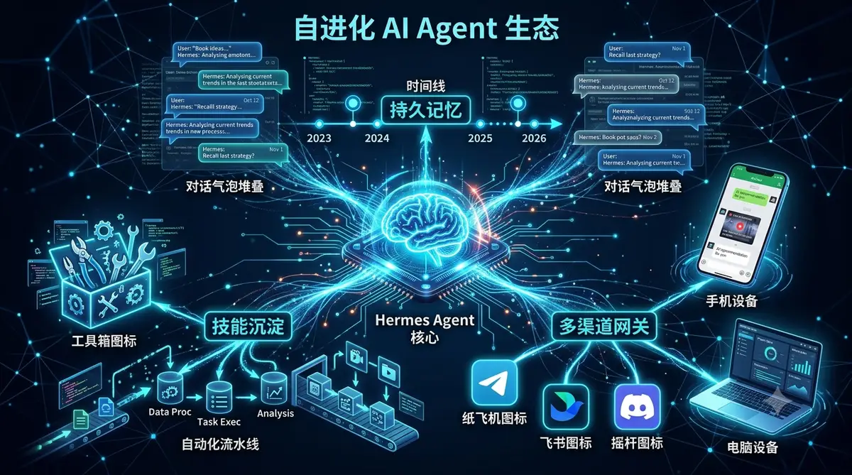 Hermes Agent 服务器部署教程封面终端命令行界面配合五步部署流程卡片动漫风格科技感AI Agent 概念全景图