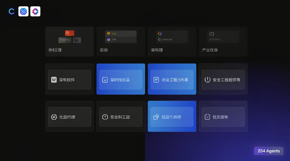 Agency Agents 项目界面与多个 AI 编程工具（Codex、Claude Code、Cursor）的图标并排展示，深色科技背景，角色卡片网格布局 