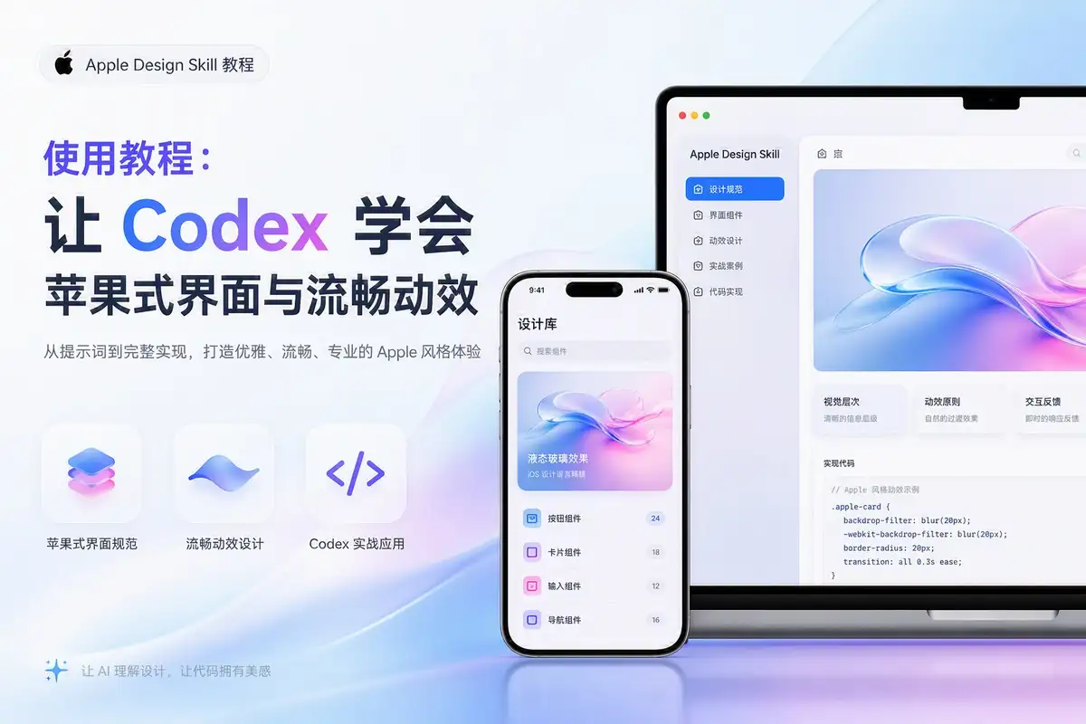 Apple Design Skill 概念图：Codex 生成的苹果风格界面与流畅动效工作流