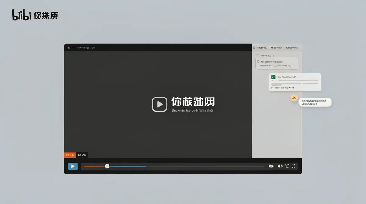 B 站风格视频播放器界面，侧边栏显示带时间戳的课程大纲与 AI 对话，漂浮的 Markdown 笔记卡片与知识库同步图标