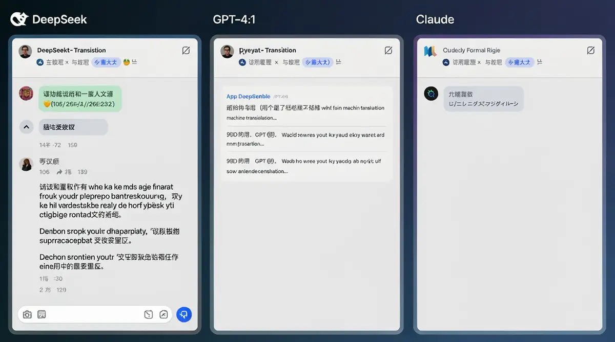 三款AI模型写同一段中文公众号文案的对比截图，左侧DeepSeek输出自然，中间GPT-4.1像机翻，右侧Claude过于正式，背景为科技感渐变色