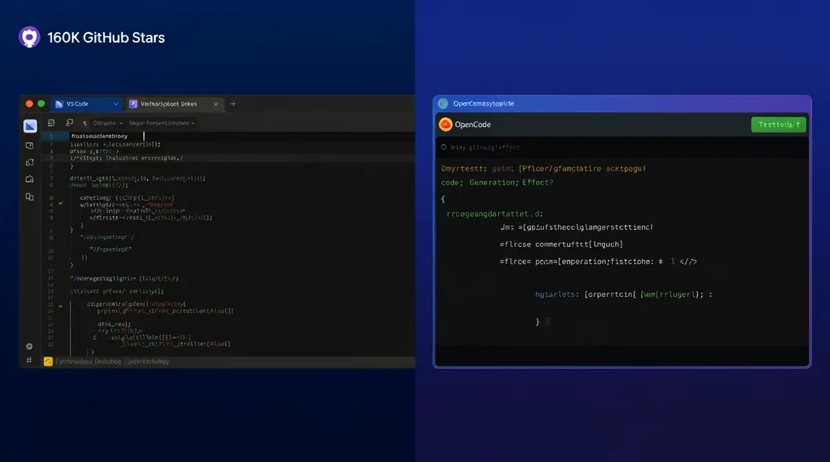 OpenCode终端界面截图展示TUI中代码生成效果，左侧为VS Code编辑器，右侧为OpenCode桌面客户端，深色科技背景，标注