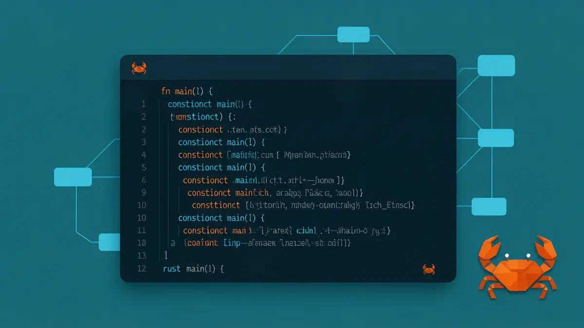 AtomCode Rust 开源 AI 编程终端封面，深色终端窗口与代码图谱节点连线，蓝青配色带 Rust 橙色调