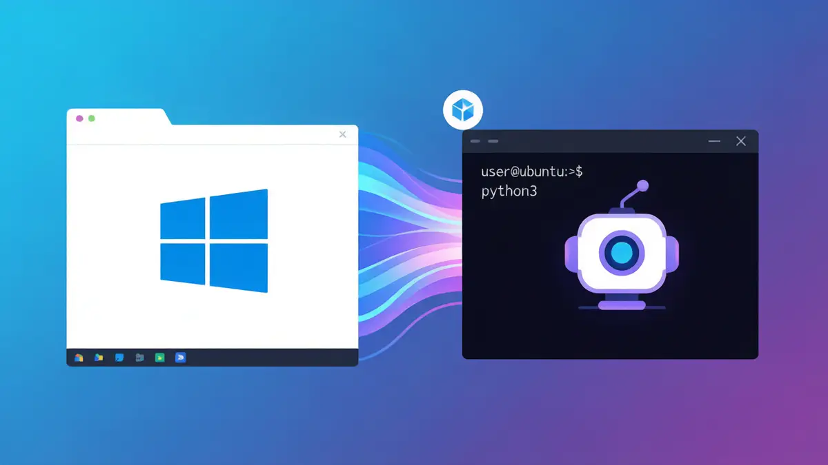 WSL 跑 AI Agent 教程封面，左侧 Windows 桌面与右侧 Ubuntu Linux 终端由桥接相连，Agent 在 Linux 终端运行，蓝紫渐变扁平插画