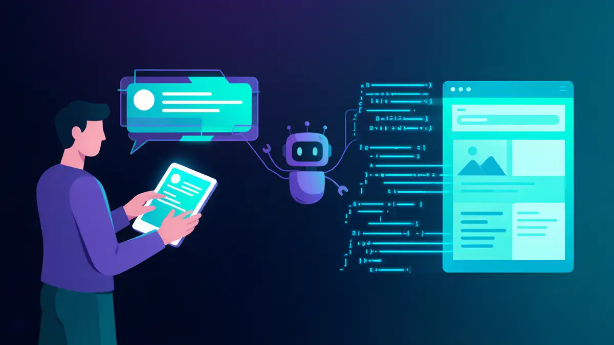 Vibe Coding 实战教程封面，自然语言指挥AI构建软件的扁平科技插画
