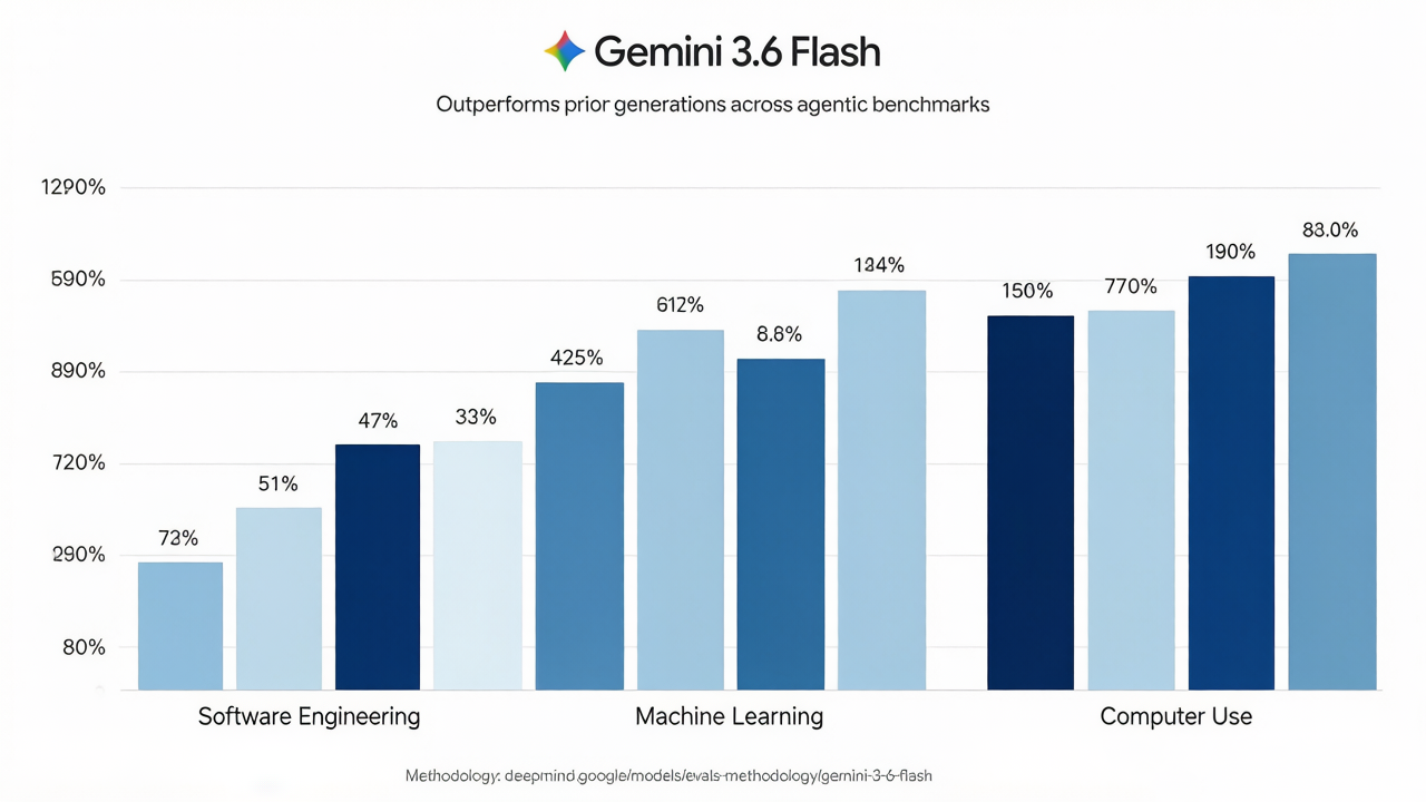 Gemini 3.6 Flash 基准测试对比图：DeepSWE、MLE-Bench、OSWorld 全面超越上一代3