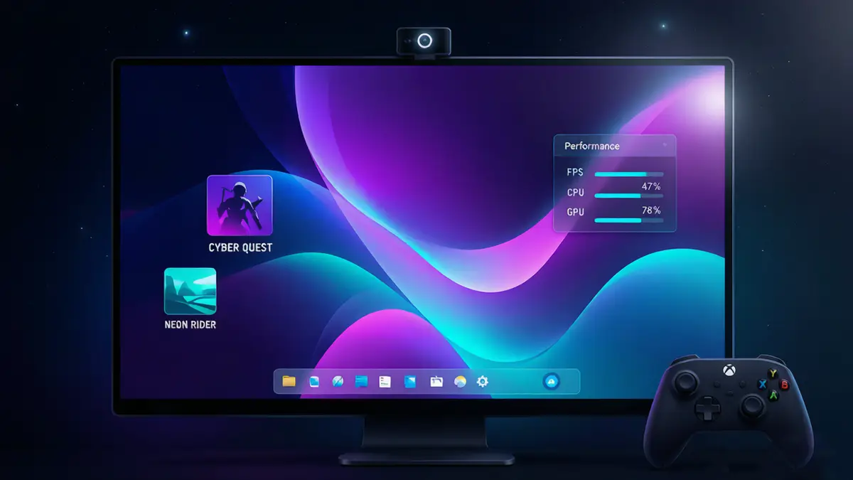不忘初心 Windows 11 26H1 游戏版精简系统评测封面，游戏桌面与半透明任务栏概念