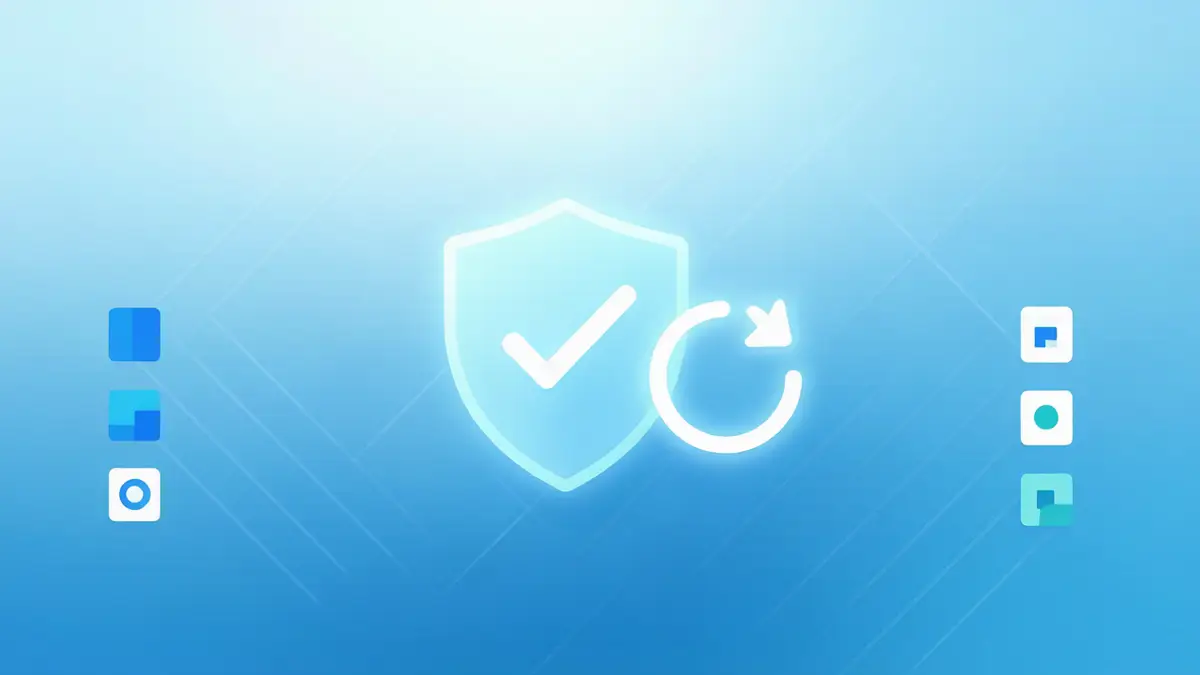 不忘初心 Win11 26H1 可更新纯净版桌面示意，Defender 盾牌与更新环，蓝青配色
