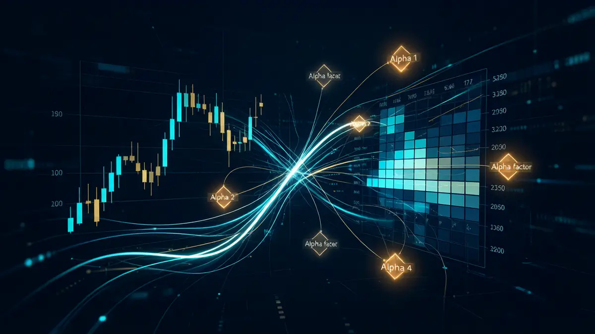 高频量化交易学习路线:微观结构到 Alpha 因子插图 高频量化交易学习路线封面:K线、订单簿深度热力图与 Alpha 因子节点构成的金融科技可视化概念图