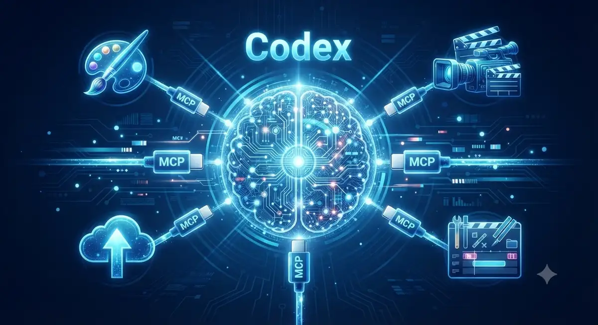 GPT-5.6 Codex 连接 Higgsfield MCP 一条指令生成短剧并自动上传 YouTube（MCP 外设概念图）