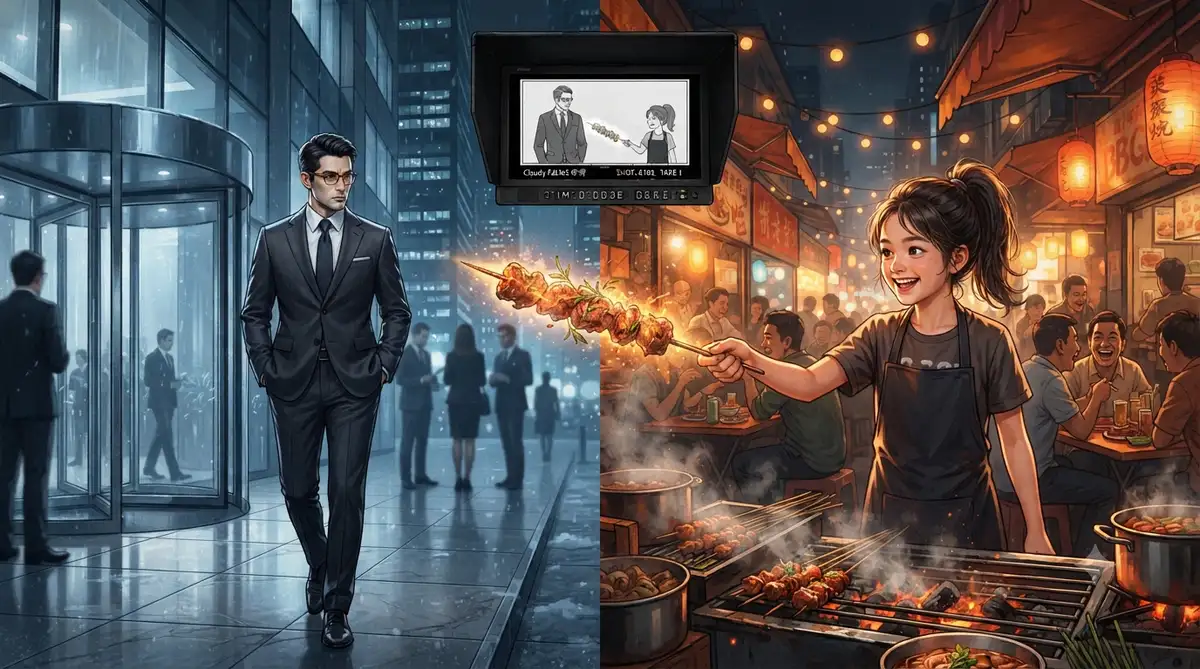Claude Fable5 导演 Higgsfield MCP 执行，AI 全自动生成短剧《总裁烤串》 (景别与镜头语言示意)