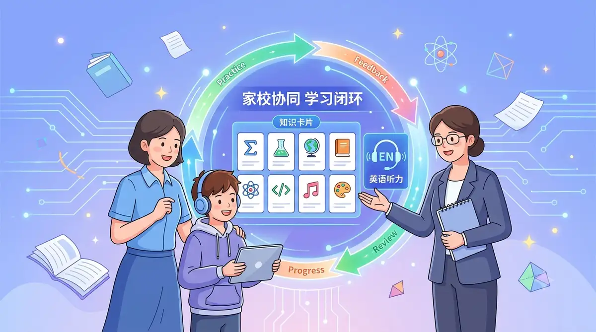 学记教育家长学生教师三端学习闭环平台封面图，发光的数字面板显示8格知识卡片与闭环箭头，蓝紫色渐变背景教育科技插画