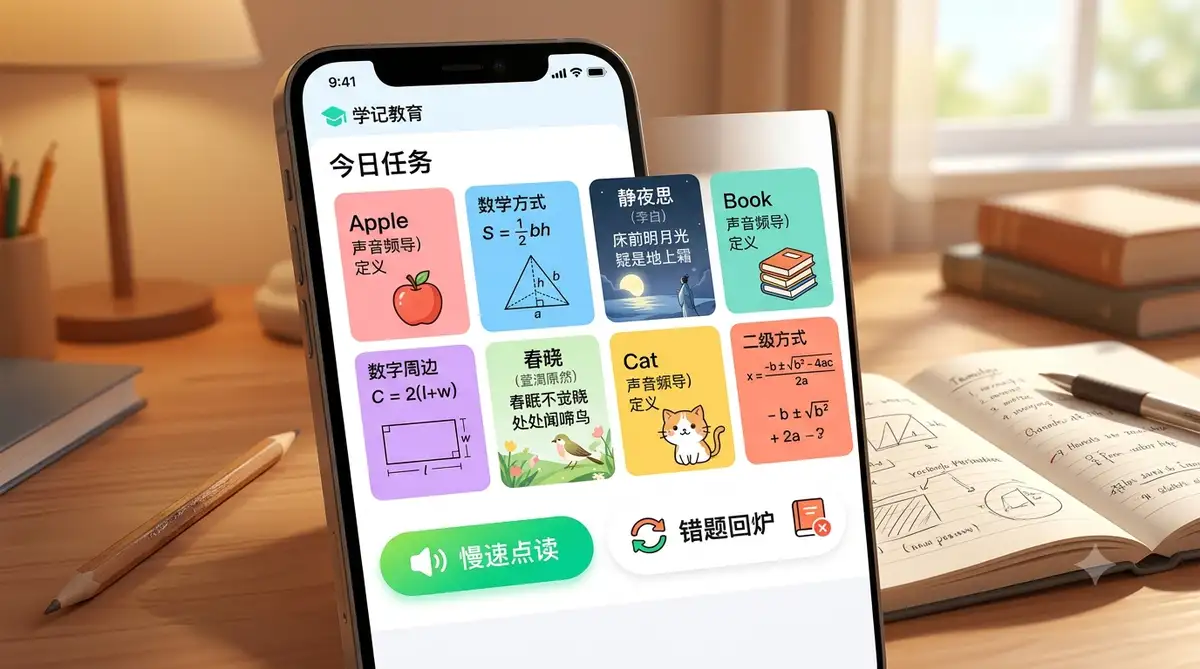 学记教育学生端手机界面：今日任务8格知识卡，含慢速点读与错题回炉入口