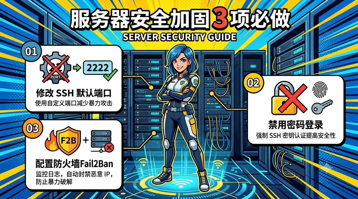 Hermes Agent 服务器部署教程封面终端命令行界面配合五步部署流程卡片动漫风格科技感安全加固信息图