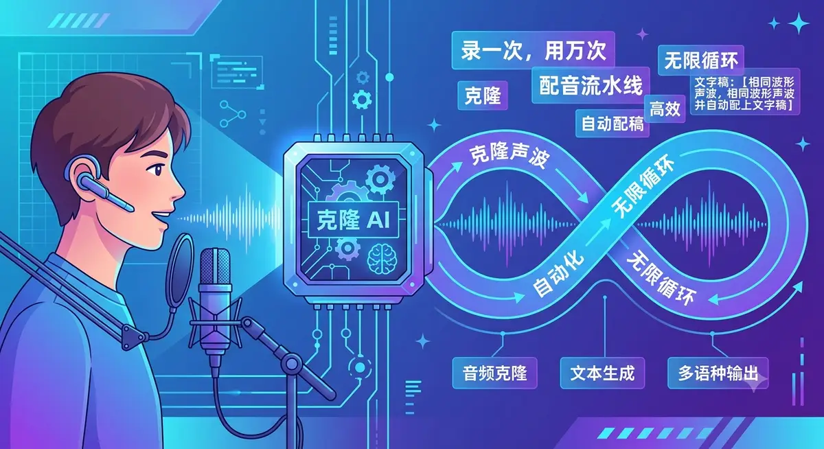 馋猫科普 AI 美食科普课，AI 文案加声音克隆零实拍做美食视频 (声音克隆概念图)