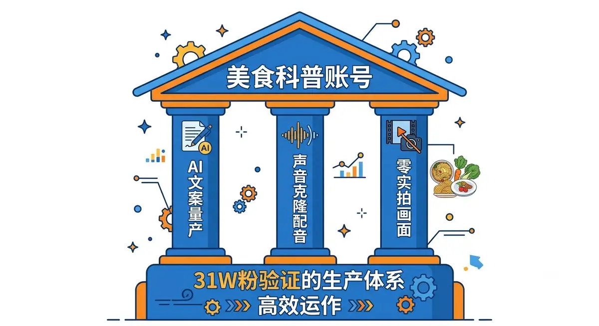 馋猫科普 AI 美食科普课，AI 文案加声音克隆零实拍做美食视频 (三大支柱结构图)