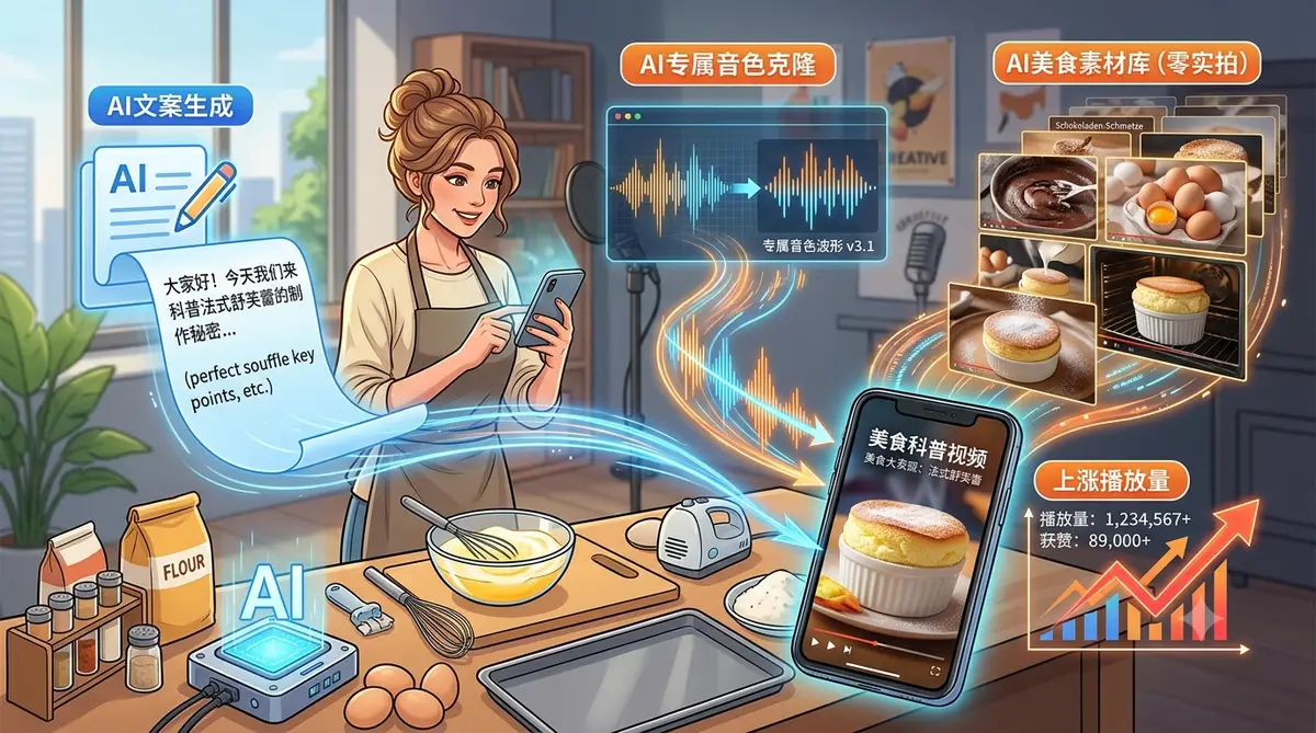 馋猫科普 AI 美食科普课，AI 文案加声音克隆零实拍做美食视频 (封面图)