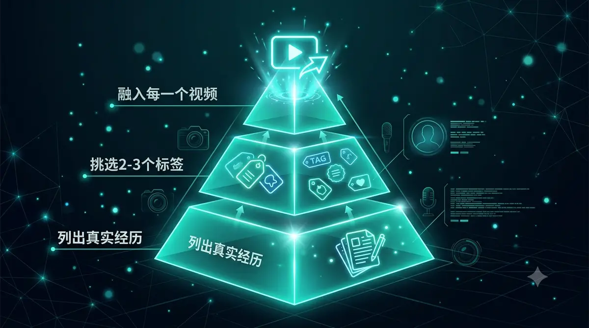 口播博主表现力封面图，深色背景配博主剪影与镜头光圈-人设搭建金字塔