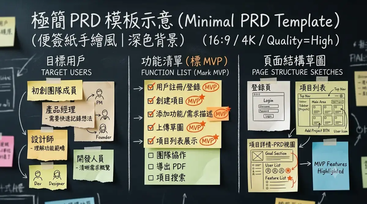 用 Cursor AI 做全栈开发:零基础上线 SaaS 网站插图(1) 配图 1:一份极简 PRD 模板示意(目标用户 / 功能清单 / 页面结构三栏)