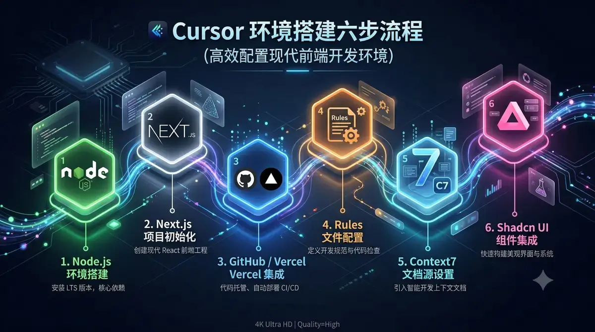 用 Cursor AI 做全栈开发:零基础上线 SaaS 网站插图(2) 配图 2:Cursor 环境搭建六步流程图(Node → Next.js → GitHub/Vercel → Rules → Context7 → Shadcn)