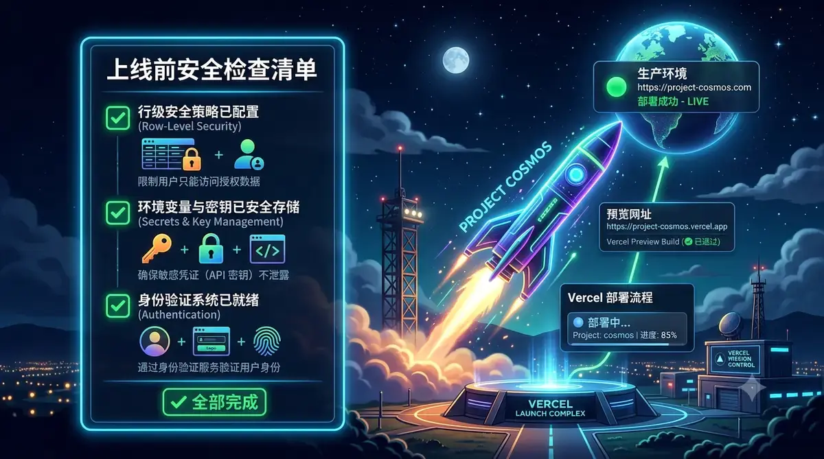 用 Cursor AI 做全栈开发:零基础上线 SaaS 网站插图(5) 配图 5:上线前安全检查清单 + Vercel 预览→生产部署流程