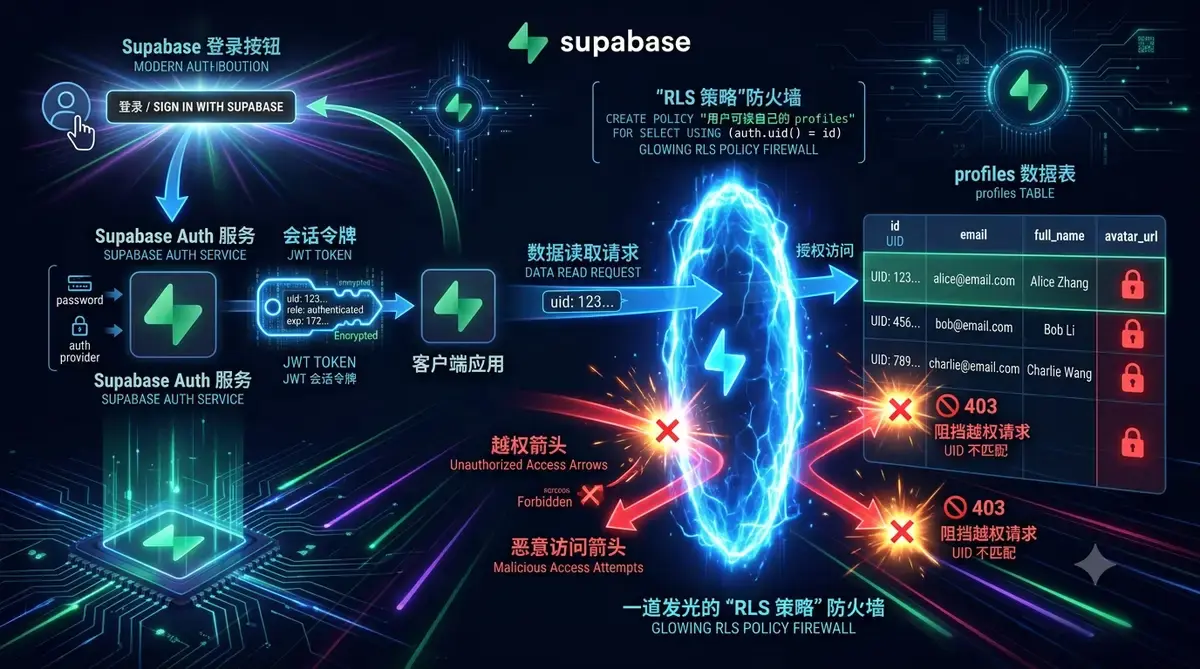 用 Cursor AI 做全栈开发:零基础上线 SaaS 网站插图(3) 配图 3:Supabase 认证架构(登录 → 会话 → profiles 表 → RLS 策略挡住越权访问)