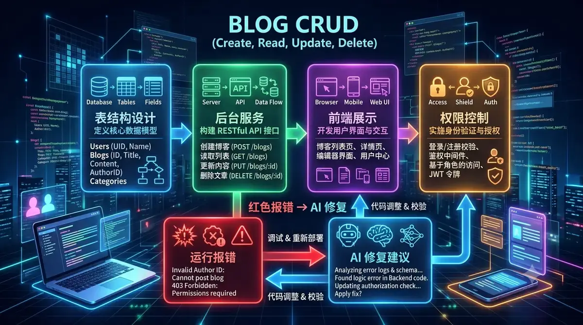用 Cursor AI 做全栈开发:零基础上线 SaaS 网站插图(4) 配图 4:博客 CRUD 四步拆解(表结构 → 后台 → 前台 → 权限)与调试循环