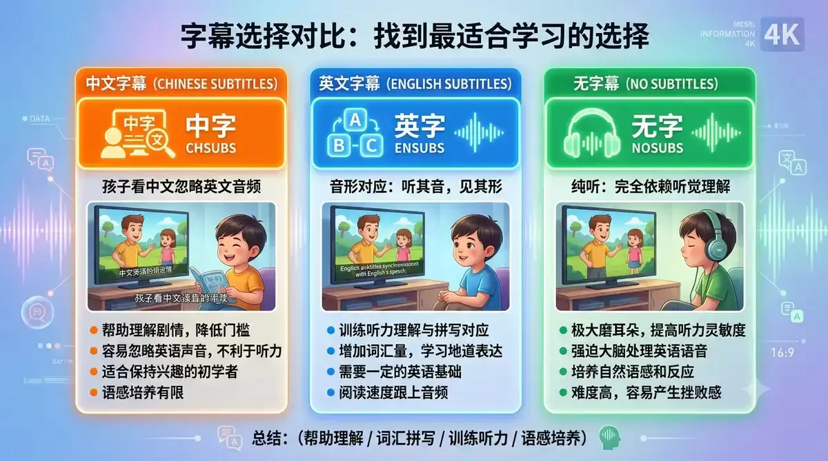 用《苹果和洋葱》英语启蒙:3-8岁磨耳朵观看指南插图(3) 配图 3:字幕选择对比(中字→跳过英文 / 英字→音形对应 / 无字→纯听)