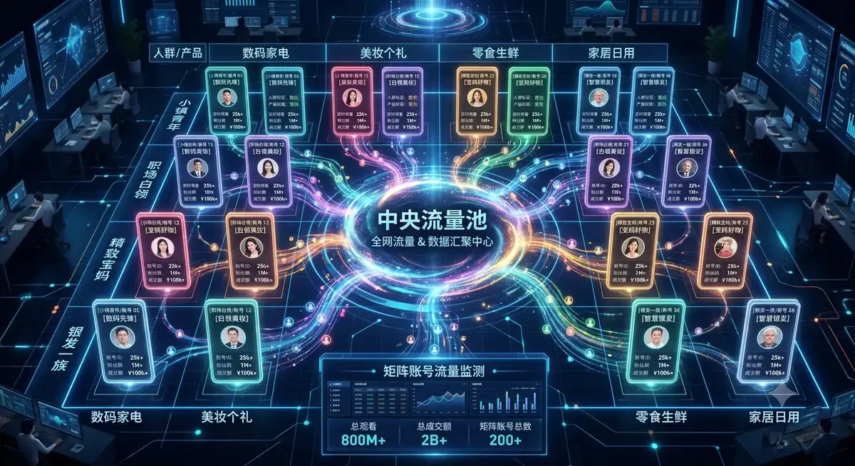 公众号矩阵流量池运营完整打法:选题+AI写稿+变现插图(3) 公众号矩阵与流量池运营示意图:多账号内容汇入流量池并导流私域转化 (选题表格三法)