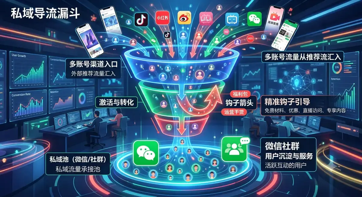 公众号矩阵流量池运营完整打法:选题+AI写稿+变现插图(4) 公众号矩阵与流量池运营示意图:多账号内容汇入流量池并导流私域转化 (DeepSeek 写稿流程)