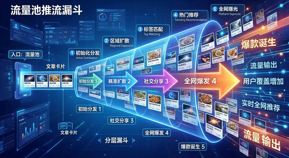 公众号矩阵流量池运营完整打法:选题+AI写稿+变现插图(5) 公众号矩阵与流量池运营示意图:多账号内容汇入流量池并导流私域转化 (私域导流漏斗)