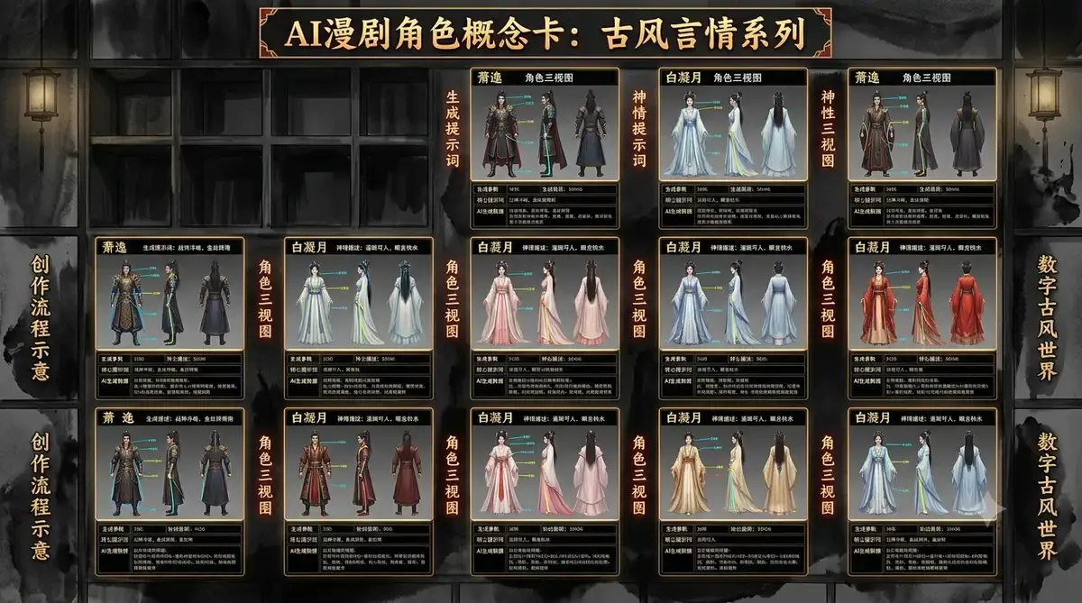 AI 漫剧人物资产库搭建:提示词根治换脸插图(1) 图1:单张人物设定卡的七个字段结构(建议替换为文末"配图提示词 2"专图)