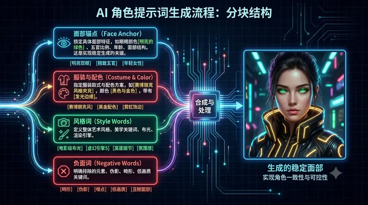 AI 漫剧人物资产库搭建:提示词根治换脸插图(3) AI 漫剧古代言情人物资产库:角色设定卡与提示词体系示意图 (提示词锚点示意)