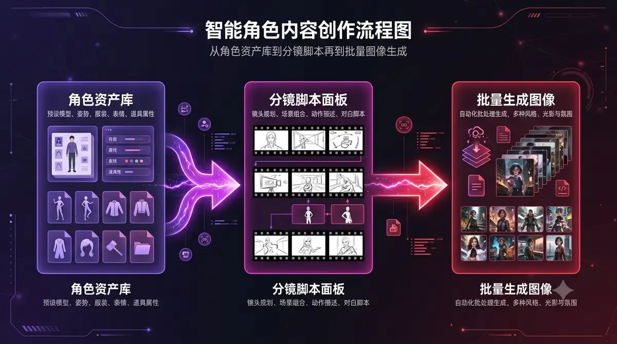 AI 漫剧人物资产库搭建:提示词根治换脸插图(5) AI 漫剧古代言情人物资产库:角色设定卡与提示词体系示意图 (资产库→分镜→出图工作流)