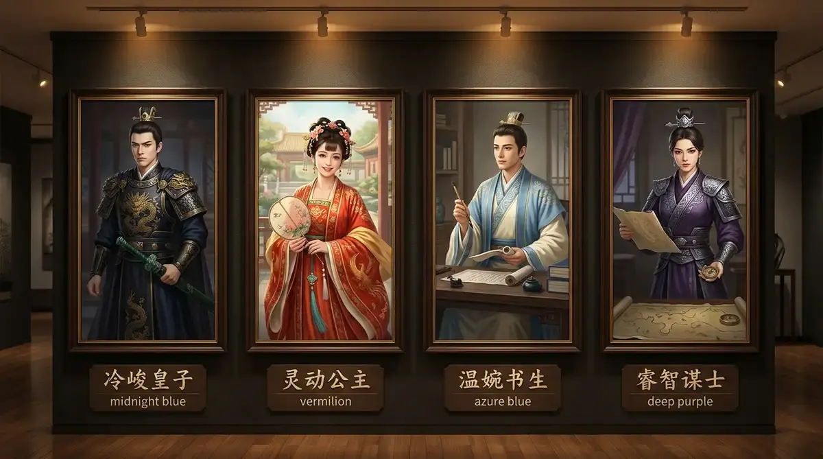 AI 漫剧人物资产库搭建:提示词根治换脸插图(4) AI 漫剧古代言情人物资产库:角色设定卡与提示词体系示意图 (古代言情四类角色画廊)