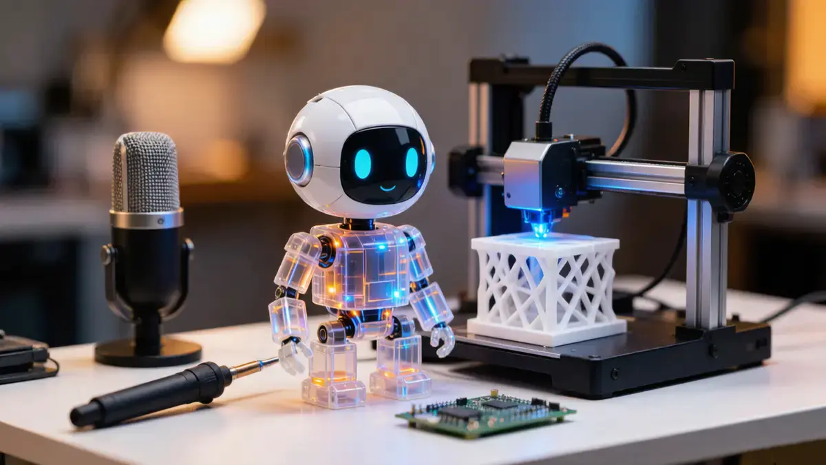 零基础 AI 硬件造物主题封面:桌面上的智能机器人零件、3D 打印机正在吐出模型、旁白麦克风象征语音编程