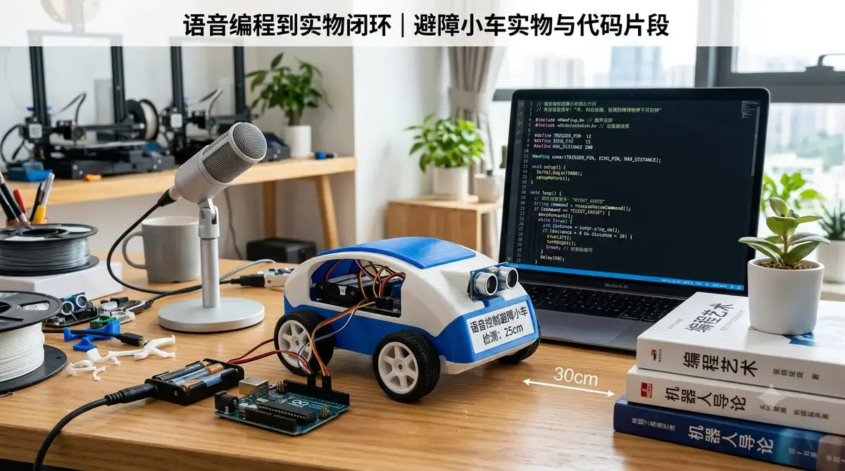 图7:完整闭环案例——语音编程的小车,套着 3D 打印外壳,遇到障碍自动后退