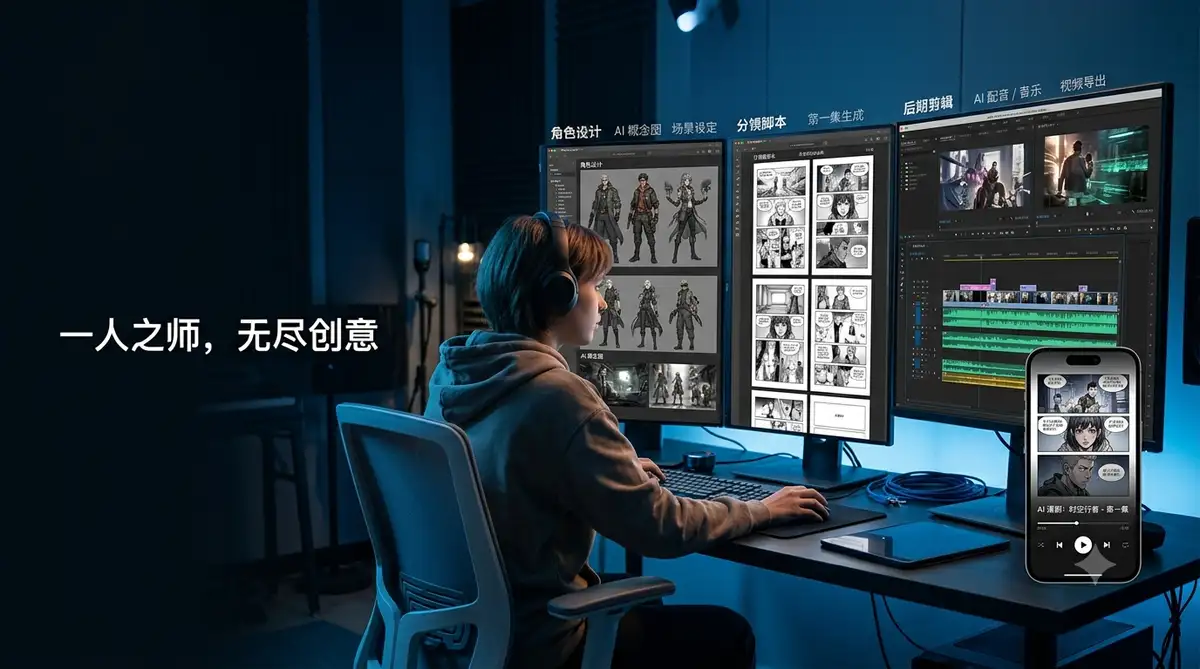 AI漫剧创作全流程：一个人用AI工具从小说大纲生成角色、分镜、配音到成片的工作台画面(封面主图)