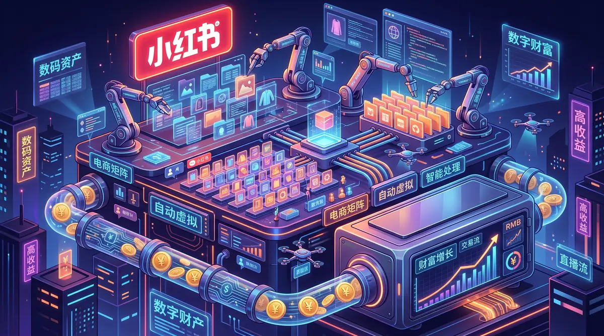 图片1：2026年AI工具赋能小红书虚拟电商矩阵与数字财富增长全景三维概念图