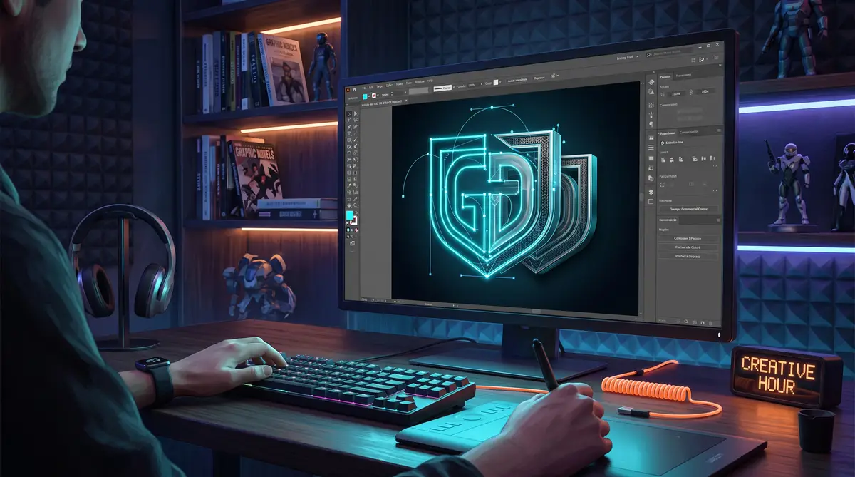 图片1：2026年现代设计师桌面与 Adobe Illustrator 矢量锚点发光节点的三维概念图