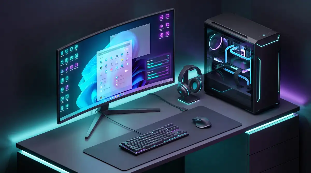 图片1:2026年搭载不忘初心Win10 LTSC精简版的极客电竞工作台与太阳谷透明桌面全景三维渲染图