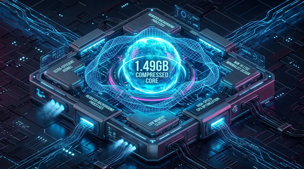 图片1:2026年极简科技风格的Windows 10 LTSC系统桌面与1.49G超小体积数据流三维渲染图