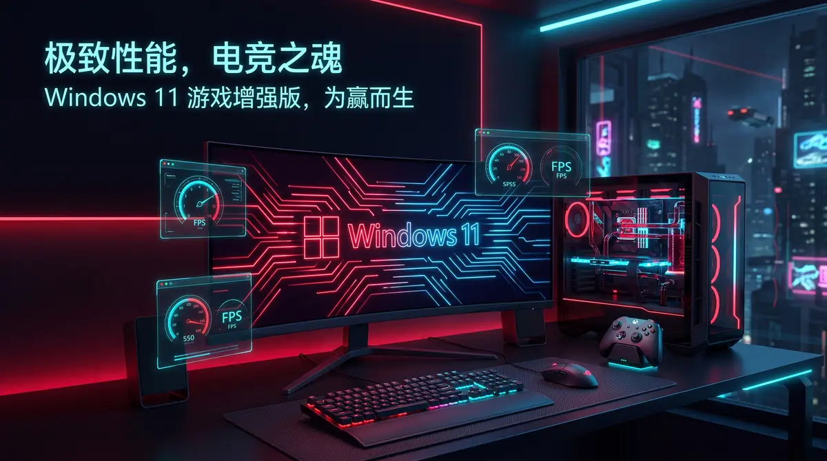 不忘初心 Windows 11 25H2 游戏精简版电竞性能优化与透明桌面概念图
