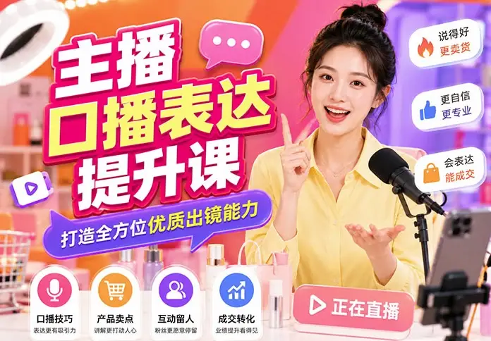 专业主播口播表达提升与高质感直播间布置概念图