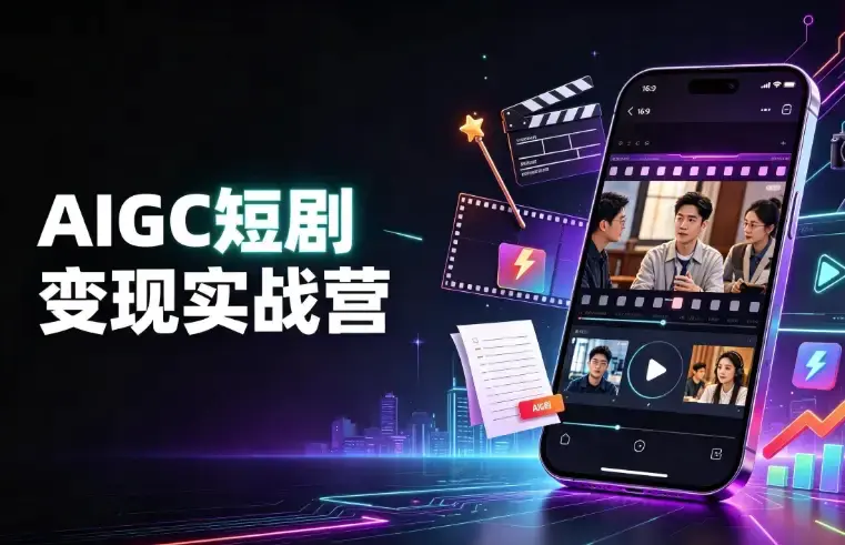 AIGC短剧变现实战工作流与未来感虚拟数字摄影棚概念图