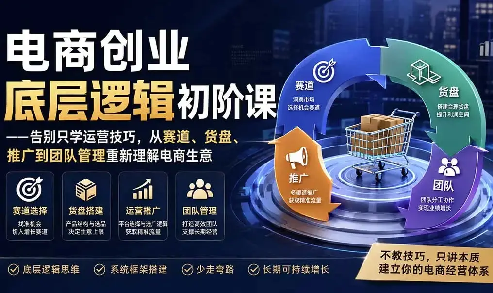 电商创业底层逻辑初阶课——赛道、货盘、推广、团队四本账概念图