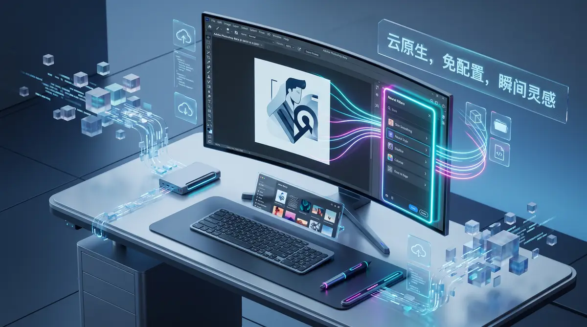 图片1：2026年极客设计师桌面运行Photoshop Beta免安装版与AI神经网络滤镜界面的三维概念图