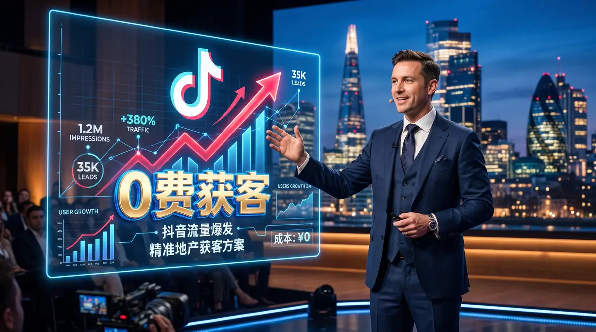 一位面露愁容的地产经纪人正看着手机上惨淡的抖音获客数据，背景是传统的售楼处大盘