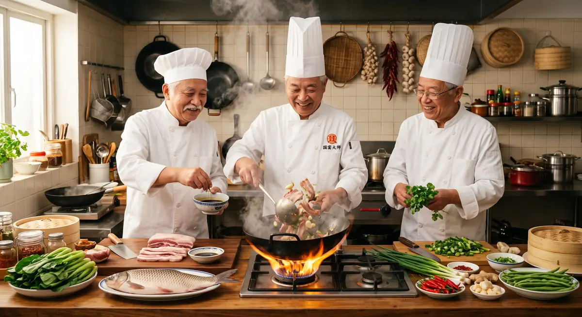 老饭骨三位大厨在厨房里欢声笑语地翻炒着一锅色泽红亮的红烧肉，烟火气十足