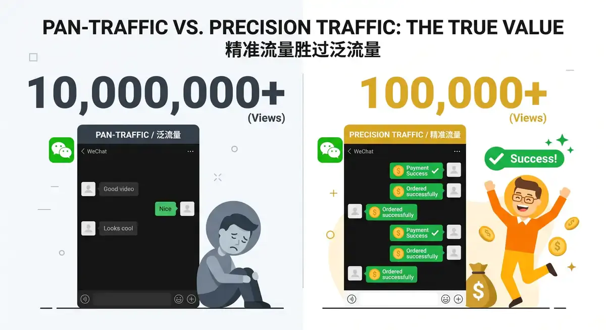 一张对比图,左侧是虚假繁荣的高播放量与零咨询,右侧是精准垂直流量带来的高转化微信咨询记录
